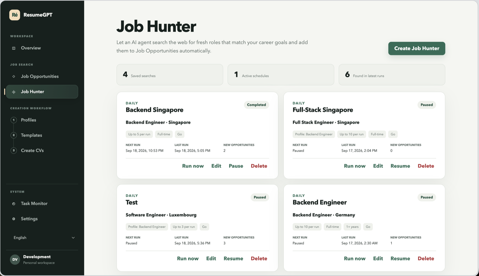Job Hunter schedules