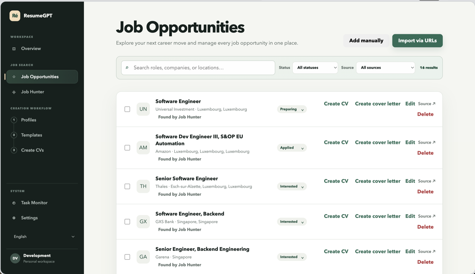 Job Opportunities list