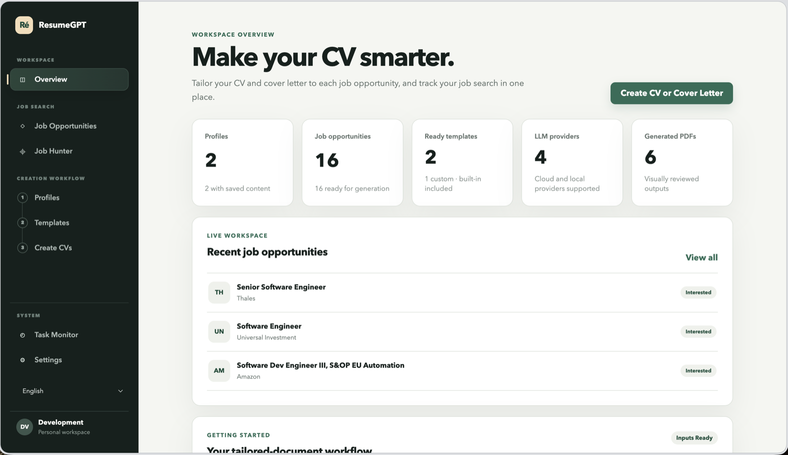 ResumeGPT workspace overview