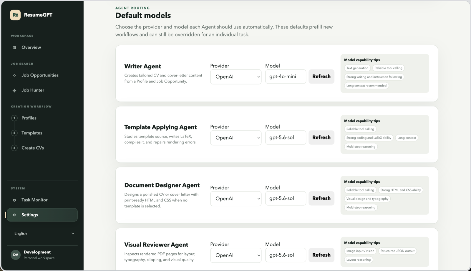 Settings: default models